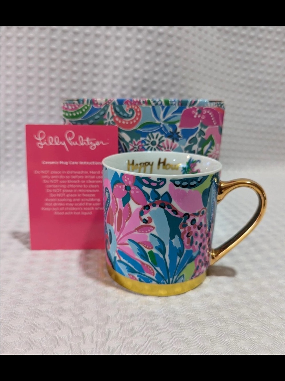 New Lilly Pulitzer Happy Hour Floral Gold-Handle Mug - Pink & Blue